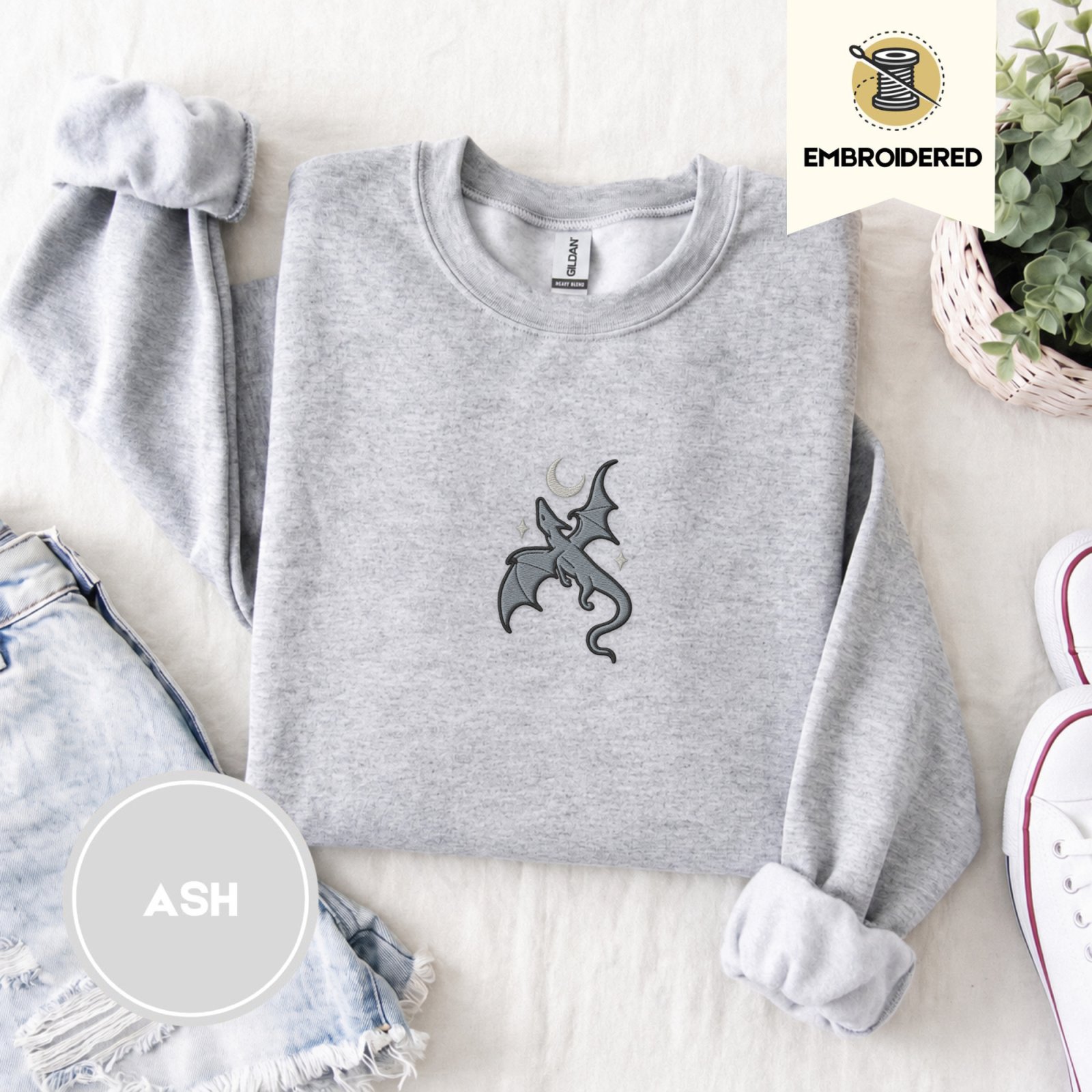 Ash Gray Dragon and Stars Embroidered Sweatshirt