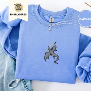 Carolina Blue Gray Dragon and Stars Embroidered Sweatshirt