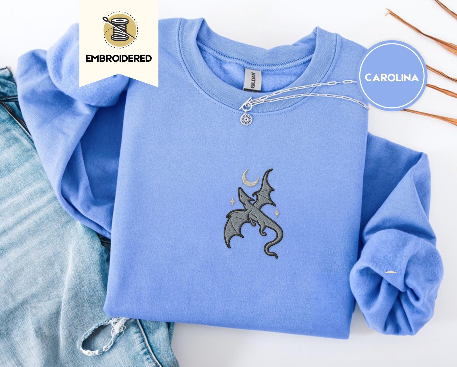 Carolina Blue Gray Dragon and Stars Embroidered Sweatshirt