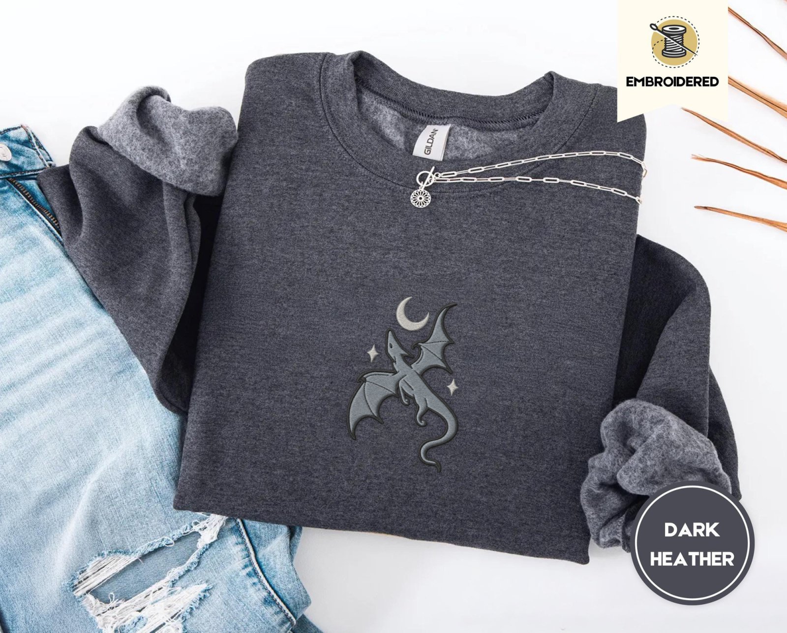 Dark Heather Gray Dragon and Stars Embroidered Sweatshirt