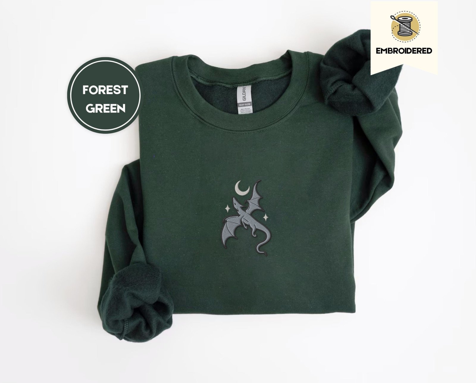 Forest Green Gray Dragon and Stars Embroidered Sweatshirt
