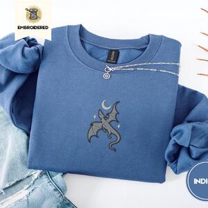 Indigo Blue Gray Dragon and Stars Embroidered Sweatshirt