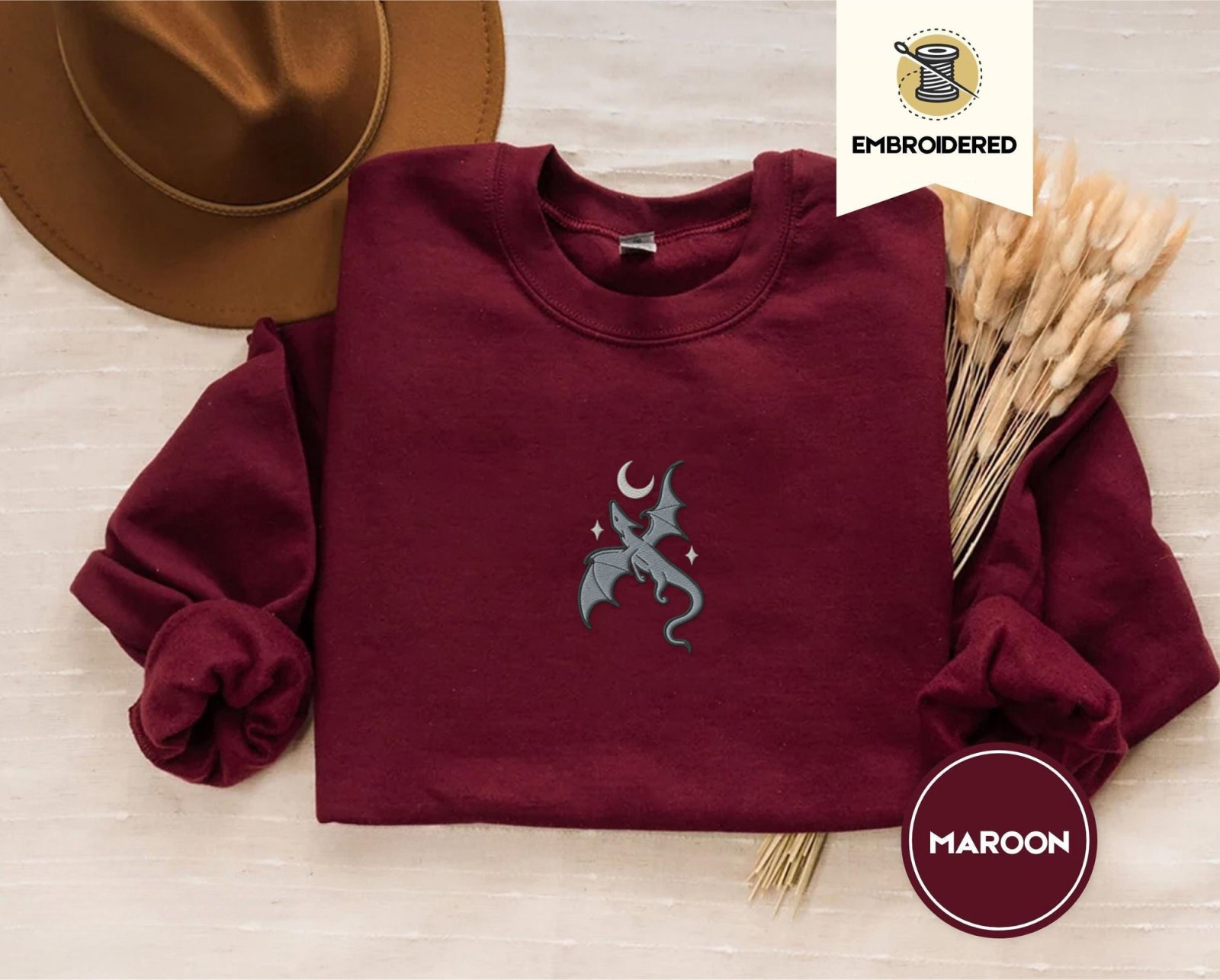 Maroon Gray Dragon and Stars Embroidered Sweatshirt