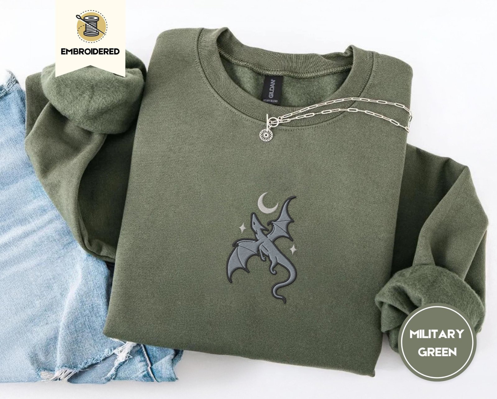 Military Green Gray Dragon and Stars Embroidered Sweatshirt