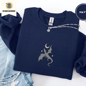Navy Gray Dragon and Stars Embroidered Sweatshirt