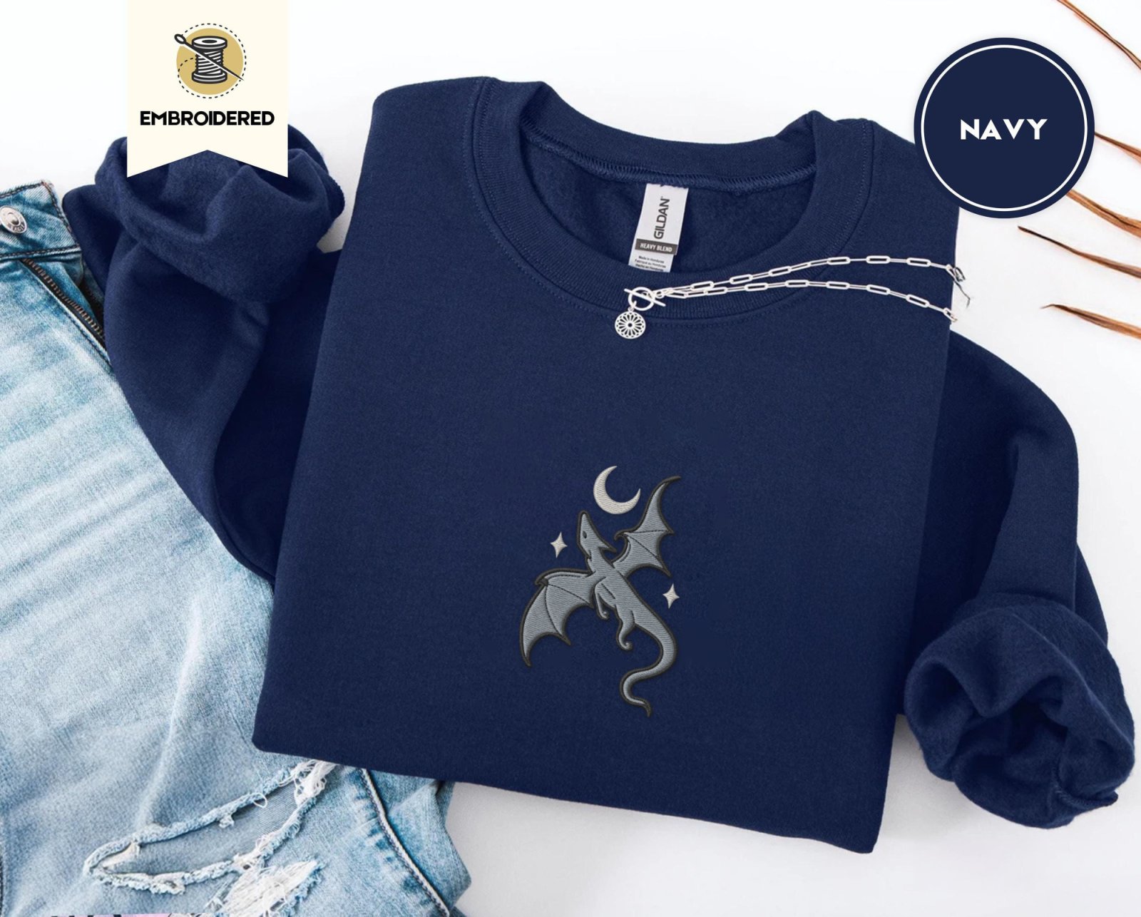 Navy Gray Dragon and Stars Embroidered Sweatshirt