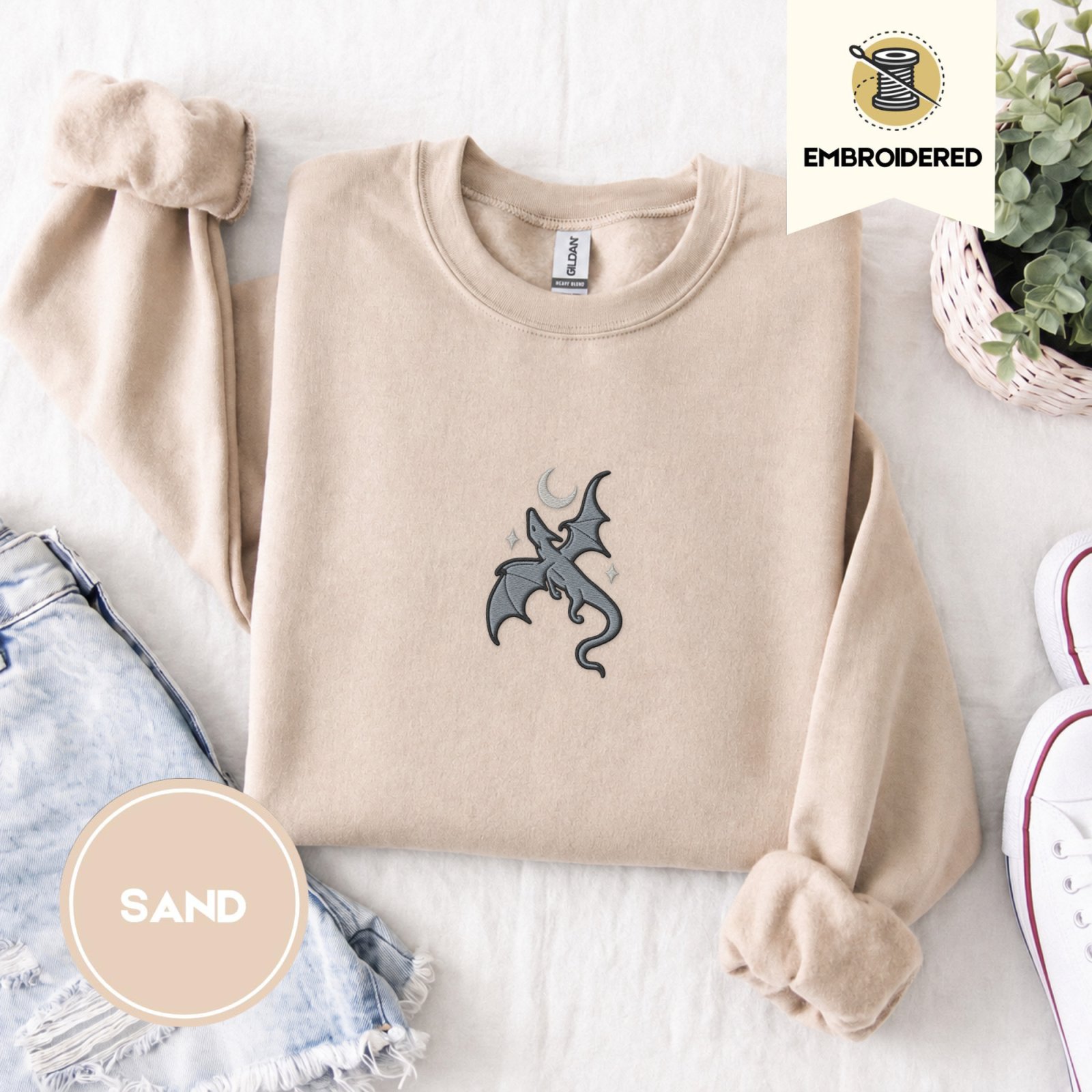 Sand Gray Dragon and Stars Embroidered Sweatshirt