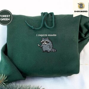 Forest Green Gray Raccoon With Knife Embroidered Hoodie