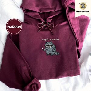Maroon Gray Raccoon With Knife Embroidered Hoodie