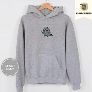 Sport Grey Gray Raccoon With Knife Embroidered Hoodie