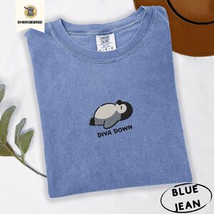 Blue Jean Gray Reclining Penguin Embroidered T-Shirt