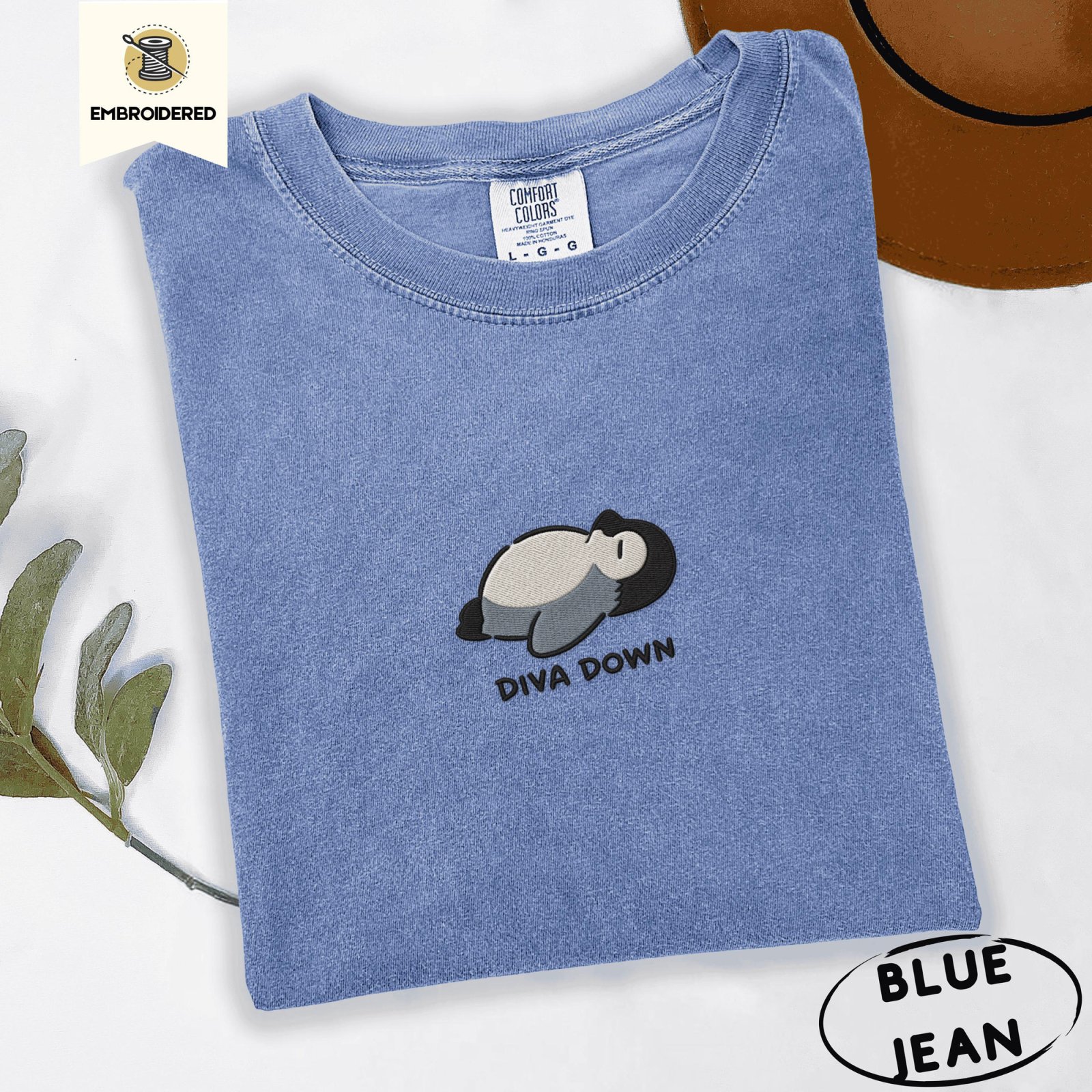 Blue Jean Gray Reclining Penguin Embroidered T-Shirt