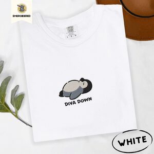 White Gray Reclining Penguin Embroidered T-Shirt