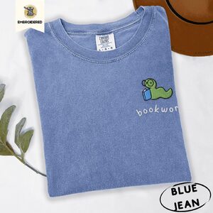 Blue Jean Green Bookworm Blue Book Embroidered T-Shirt