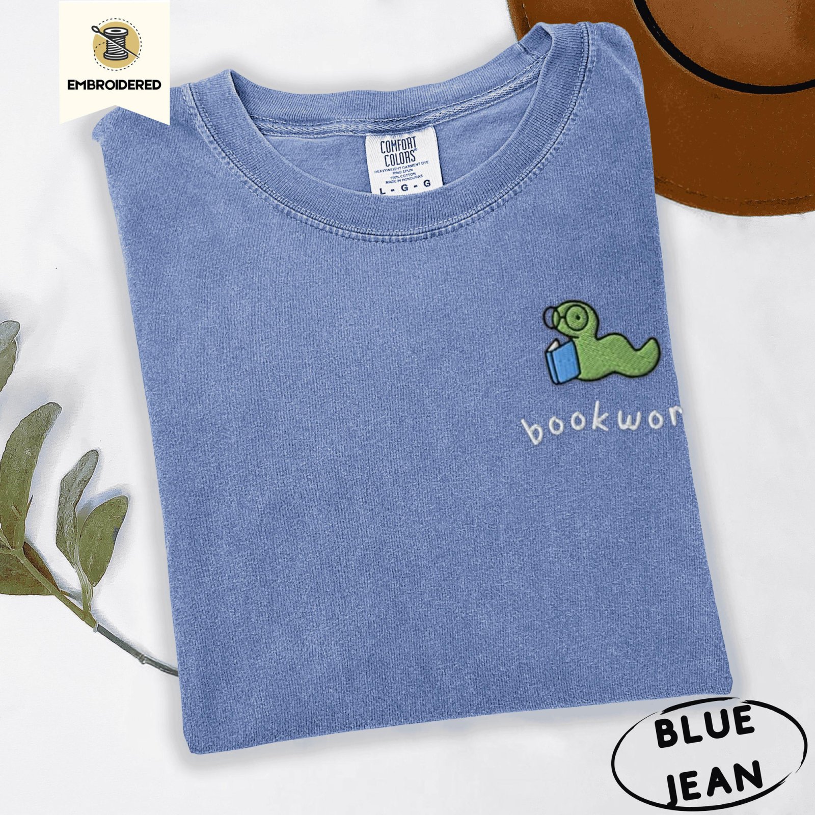 Blue Jean Green Bookworm Blue Book Embroidered T-Shirt