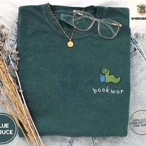 Blue Spruce Green Bookworm Blue Book Embroidered T-Shirt
