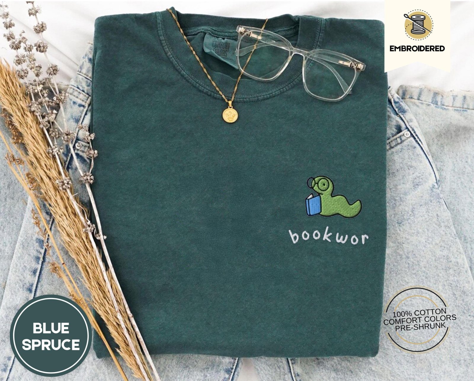 Blue Spruce Green Bookworm Blue Book Embroidered T-Shirt