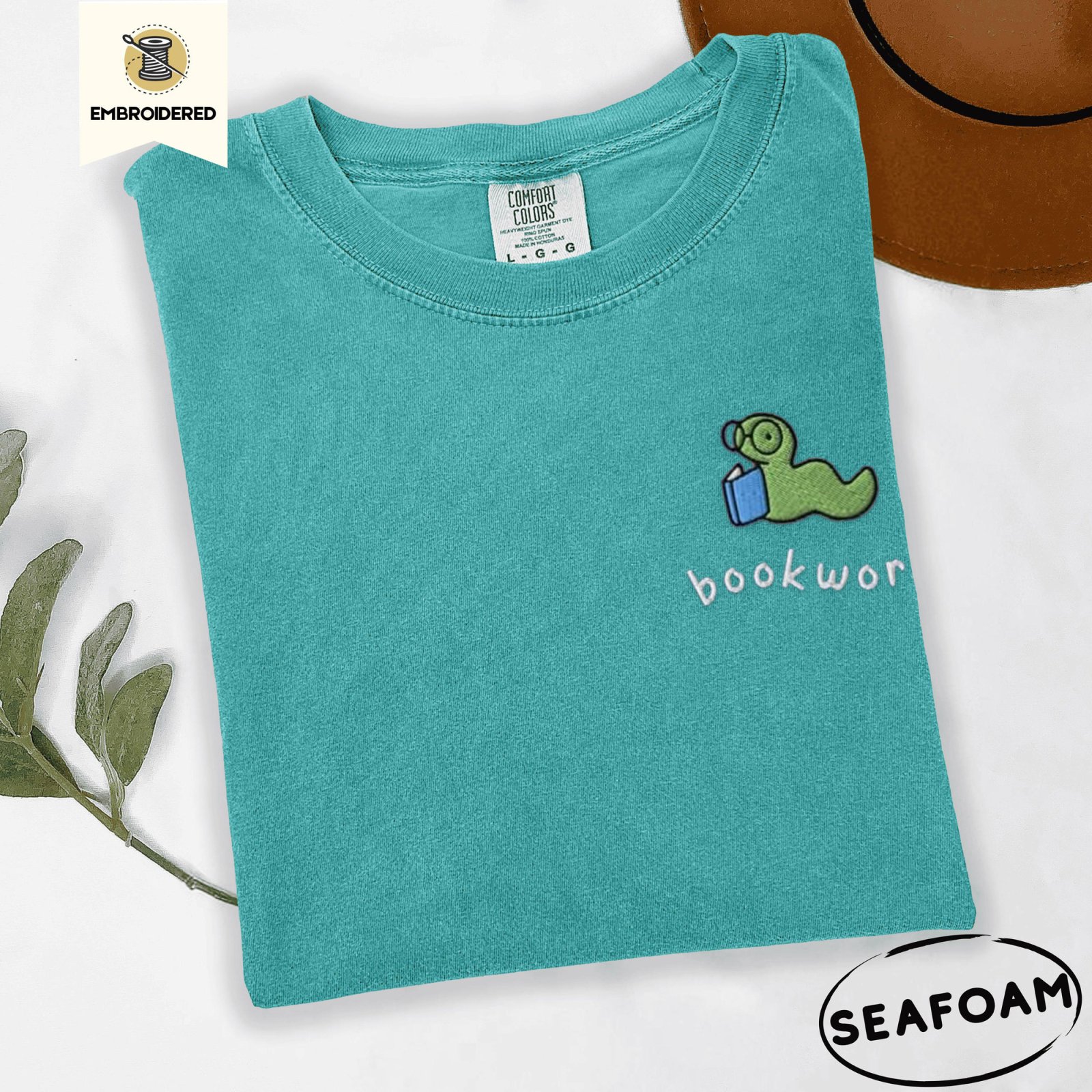 Seafoam Green Bookworm Blue Book Embroidered T-Shirt