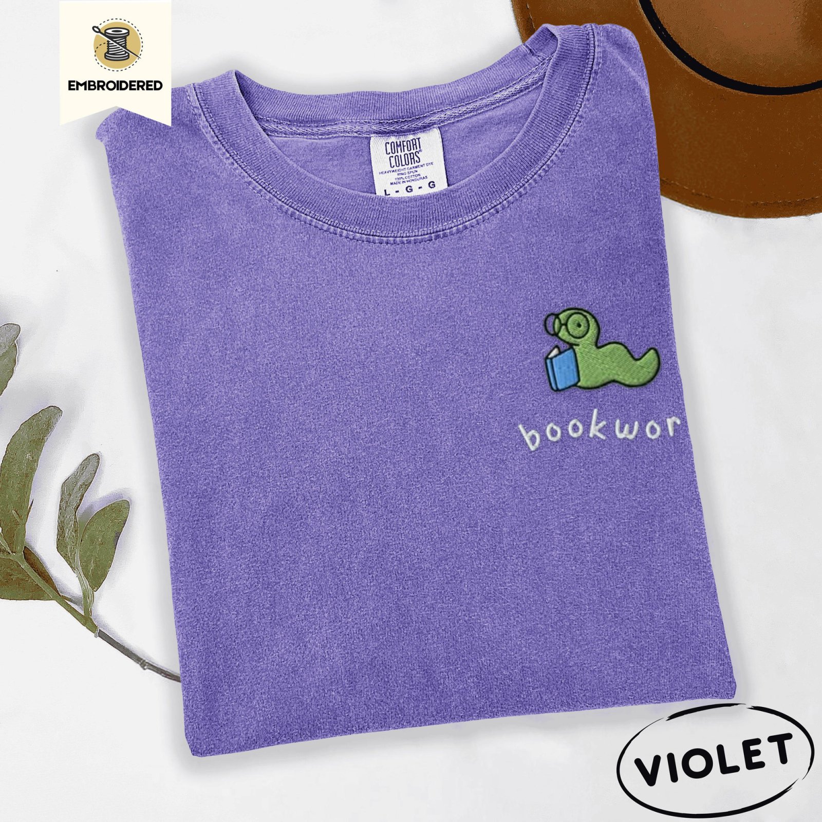 Violet Green Bookworm Blue Book Embroidered T-Shirt