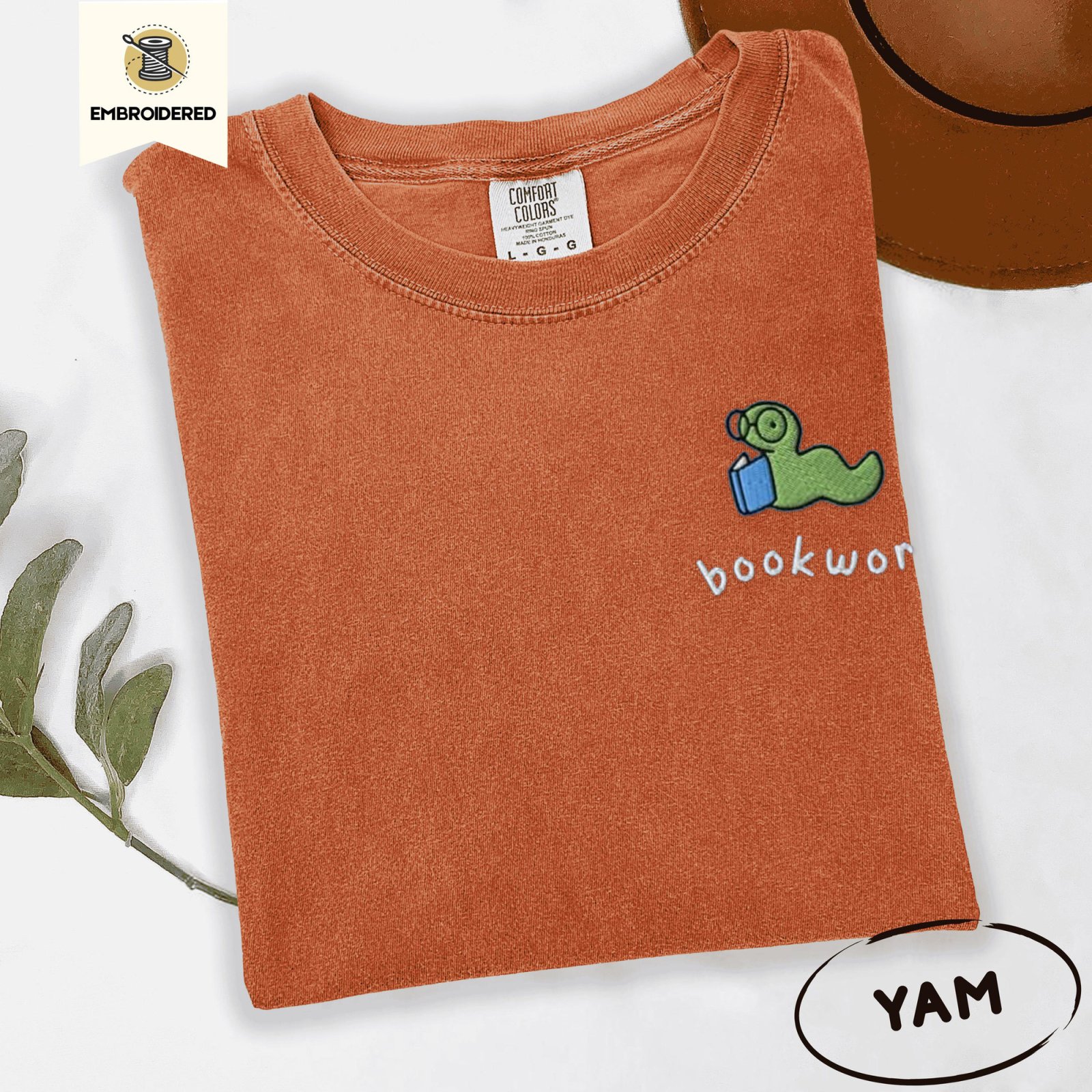 Yam Green Bookworm Blue Book Embroidered T-Shirt