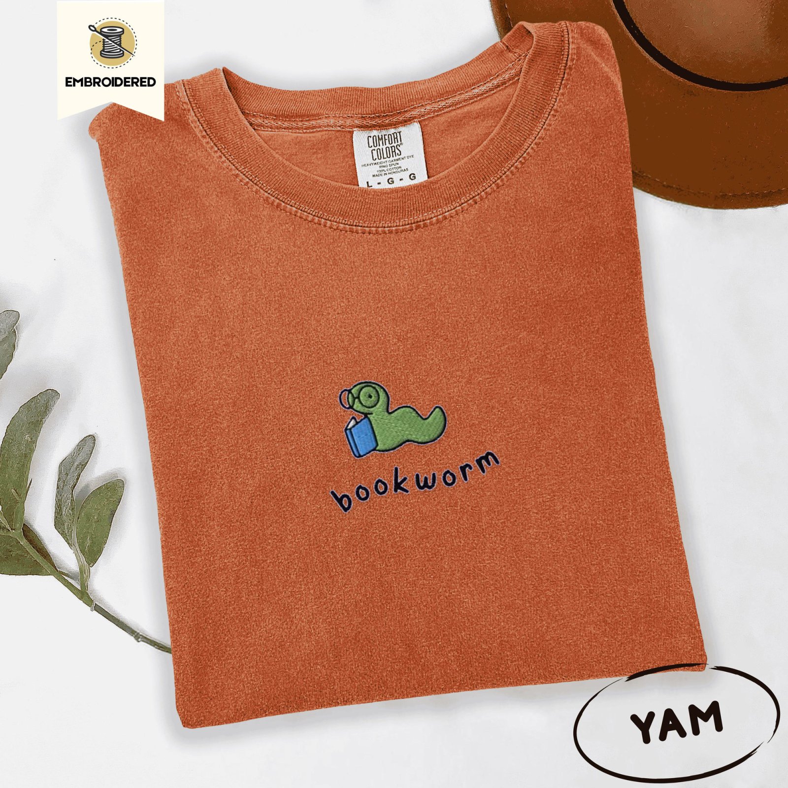 Yam Green Bookworm With Blue Book Embroidered T-Shirt