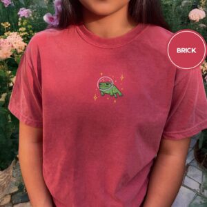 Person wearing a brick Green Frog and Golden Stars Embroidered T-Shirt