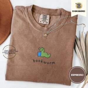 Espresso Green Worm Blue Book Embroidered T-Shirt