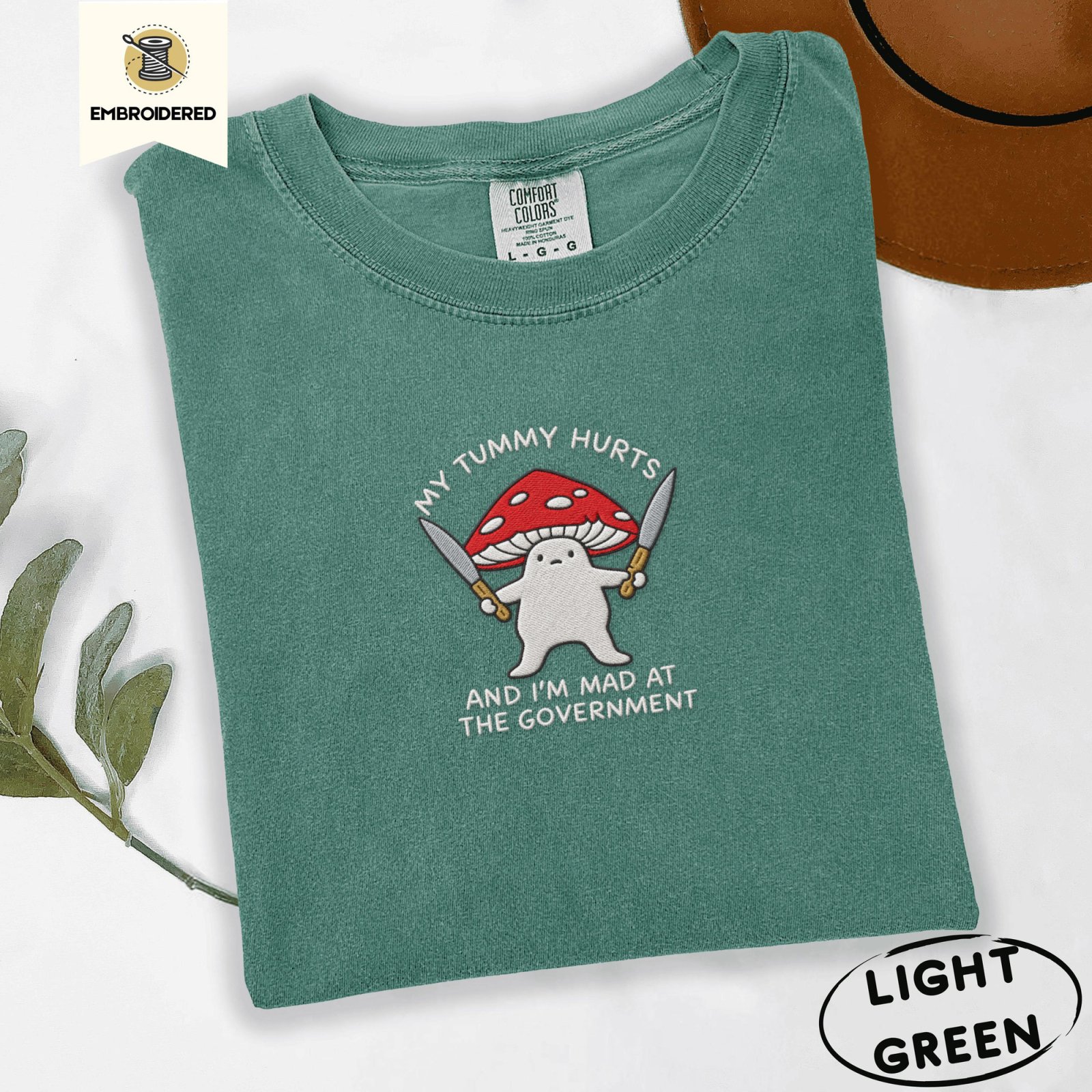 Light Green Grumpy Mushroom Embroidered T-Shirt