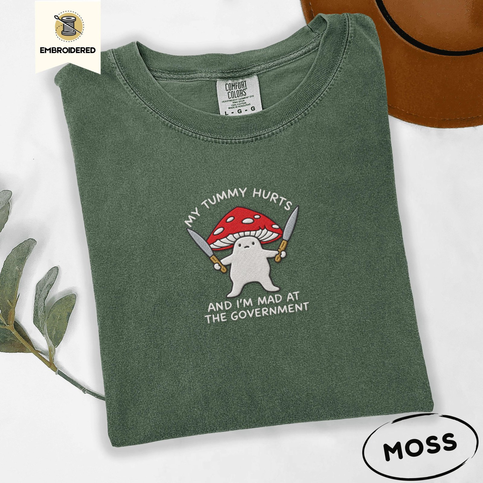 Moss Grumpy Mushroom Embroidered T-Shirt