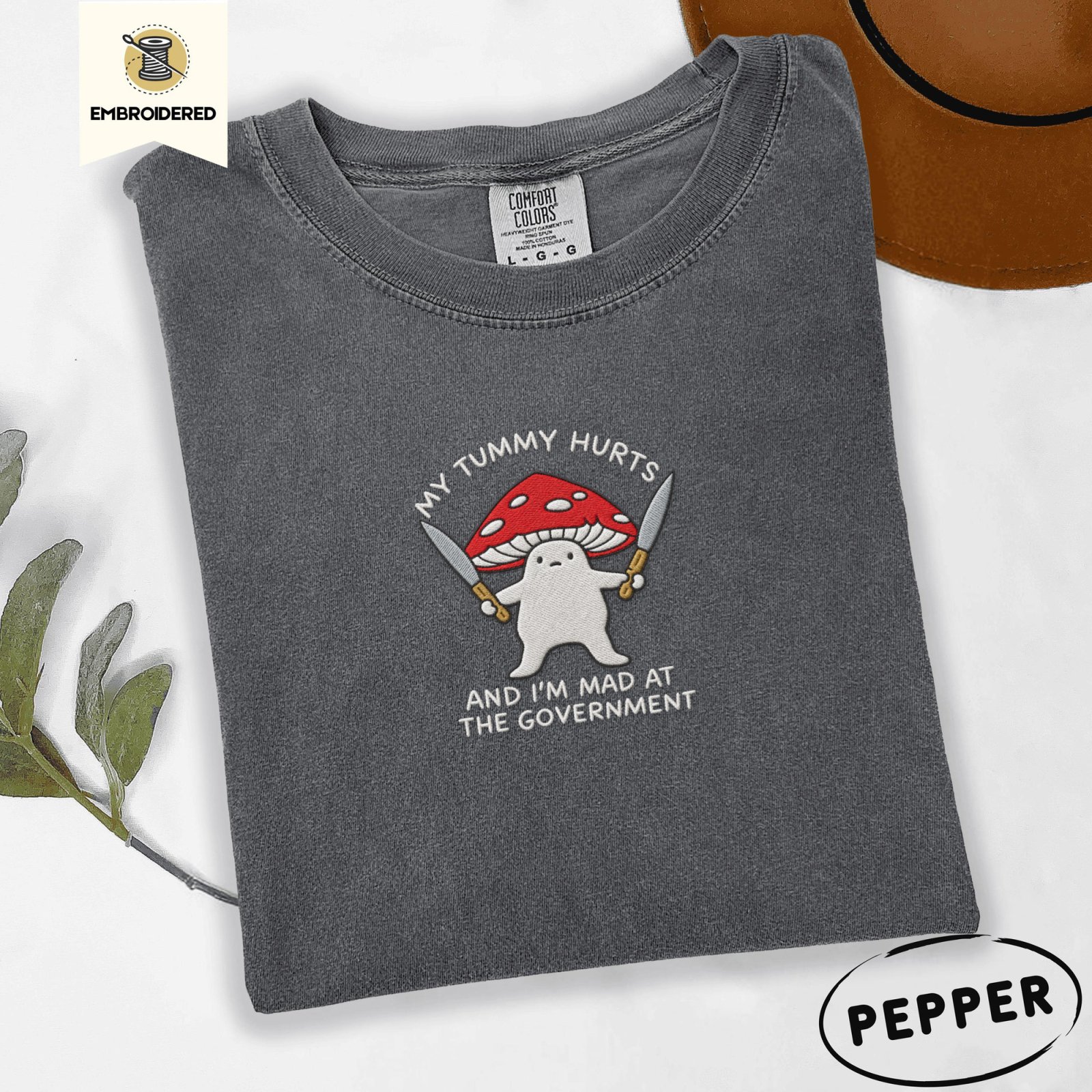Pepper Grumpy Mushroom Embroidered T-Shirt