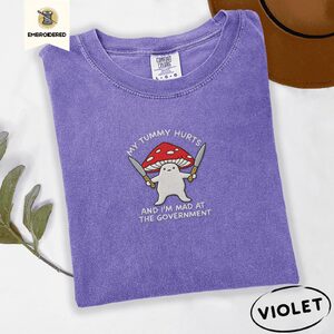 Violet Grumpy Mushroom Embroidered T-Shirt