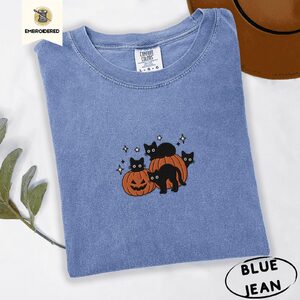 Blue Jean Halloween Cats and Pumpkins Embroidered T-Shirt