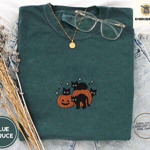 Blue Spruce Halloween Cats and Pumpkins Embroidered T-Shirt