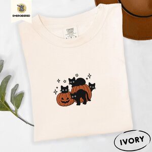 Ivory Halloween Cats and Pumpkins Embroidered T-Shirt