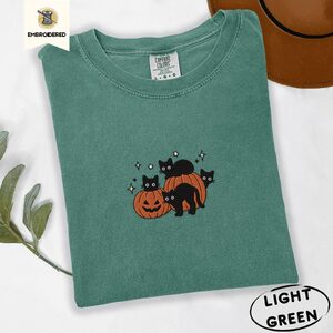 Light Green Halloween Cats and Pumpkins Embroidered T-Shirt