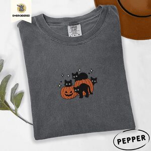 Pepper Halloween Cats and Pumpkins Embroidered T-Shirt