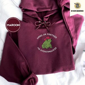 Maroon Hang On Partner Cowboy Frog Embroidered Hoodie