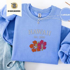 Carolina Blue Hawaii Hibiscus Embroidered Sweatshirt