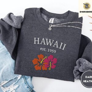 Dark Heather Hawaii Hibiscus Embroidered Sweatshirt