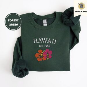 Forest Green Hawaii Hibiscus Embroidered Sweatshirt