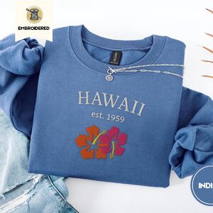 Indigo Blue Hawaii Hibiscus Embroidered Sweatshirt
