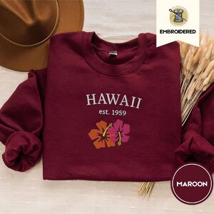 Maroon Hawaii Hibiscus Embroidered Sweatshirt