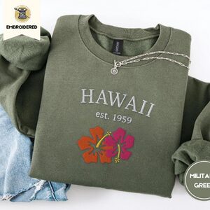 Military Green Hawaii Hibiscus Embroidered Sweatshirt