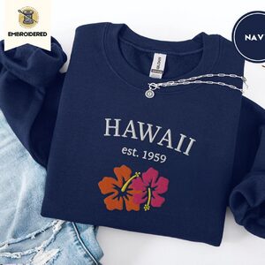 Navy Hawaii Hibiscus Embroidered Sweatshirt