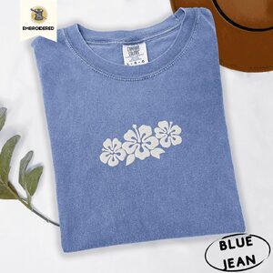 Blue Jean Hibiscus Flowers Embroidered T-Shirt