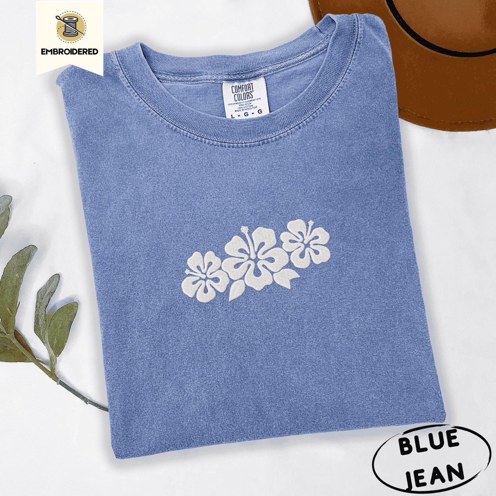 Blue Jean Hibiscus Flowers Embroidered T-Shirt