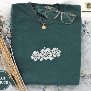 Blue Spruce Hibiscus Flowers Embroidered T-Shirt