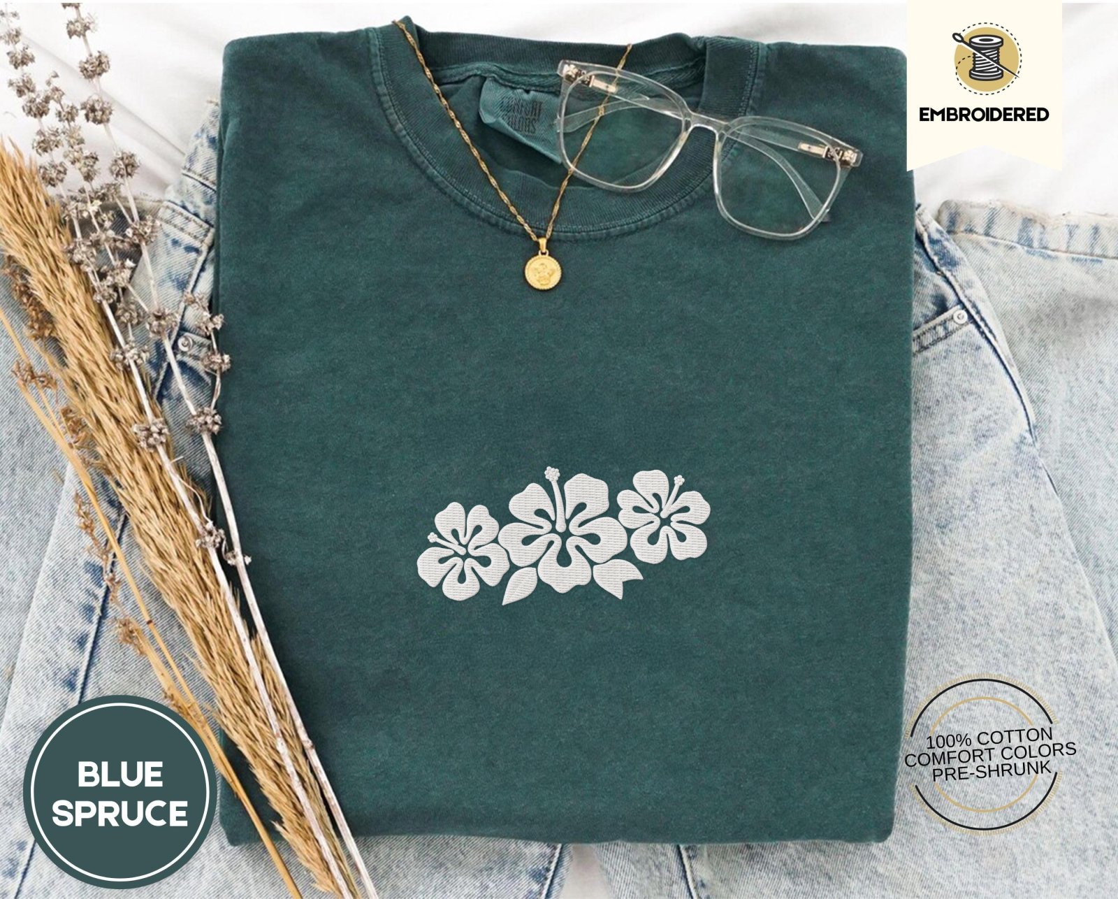 Blue Spruce Hibiscus Flowers Embroidered T-Shirt