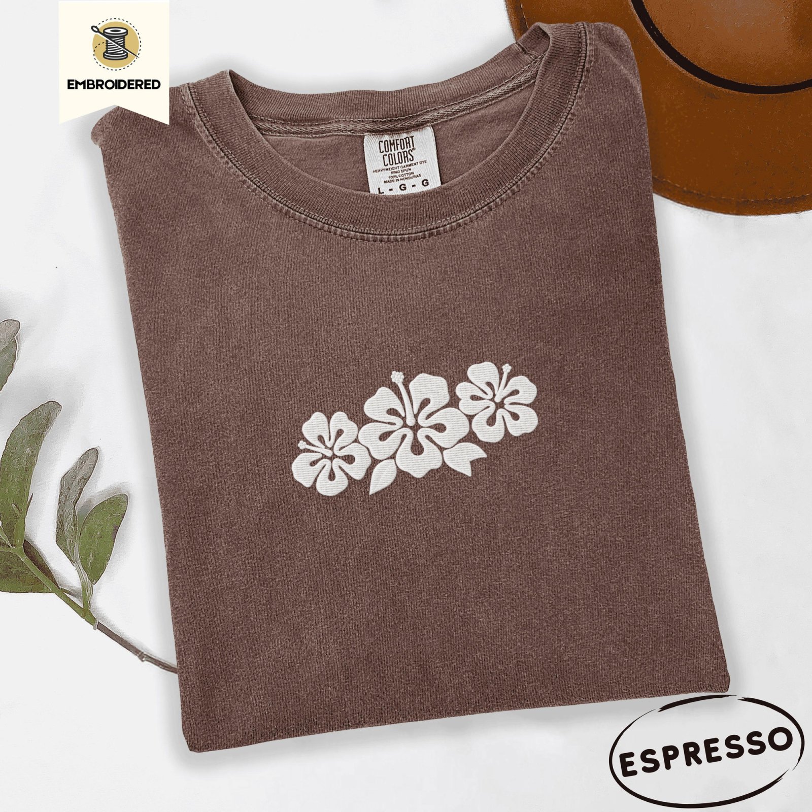 Espresso Hibiscus Flowers Embroidered T-Shirt