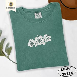 Light Green Hibiscus Flowers Embroidered T-Shirt